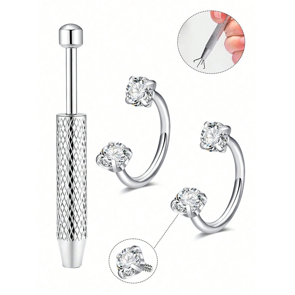 18G 2 szt. kolczyki do nosa w kształcie podkowy z 1 szt. przyrządem do piercingu, nierdzewne kolczyki do nosa z podwójną cyrkonią sześcienną