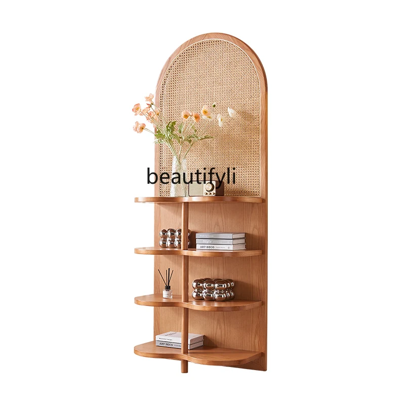 

Customized Solid Wood Rattan Corner Shelf Floor-Standing Storage Bookshelf Japanese Style Log Screen Display Side Cabinet