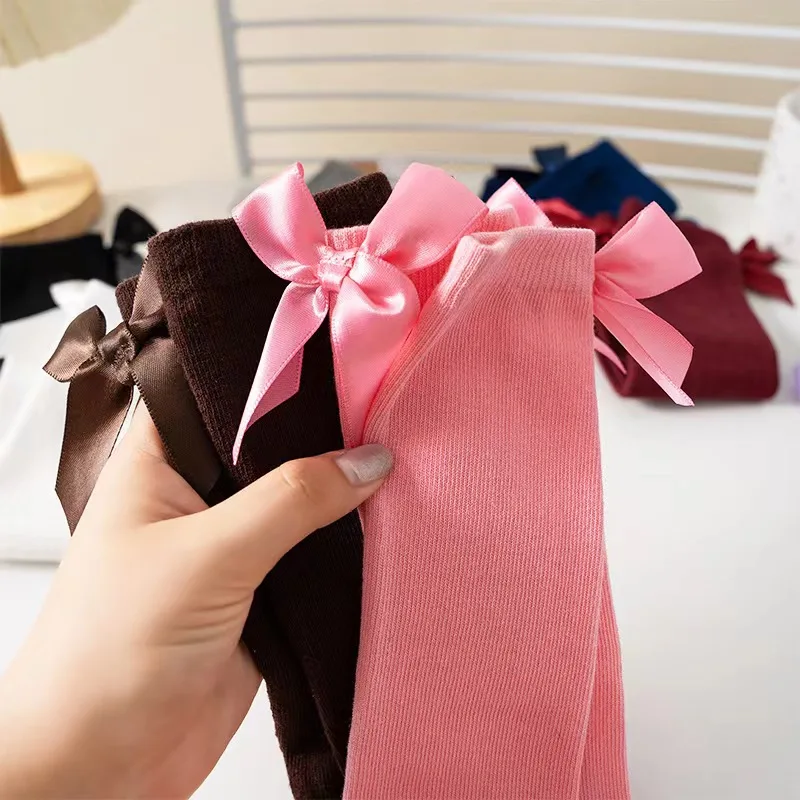 Baby Cotton Socks Korean Bow Pink Princess Calf Sweet Lolita Sock Children Straight Cute Candy Colore Hosiery Little Girl Socks 4