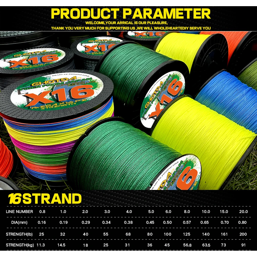 16 Strands Braided Fishing Line Super Strong 25 40 80 100 125 140 161 200LBS X-wire Core 100M-1000M Multifilament 0.16mm-0.8mm 2