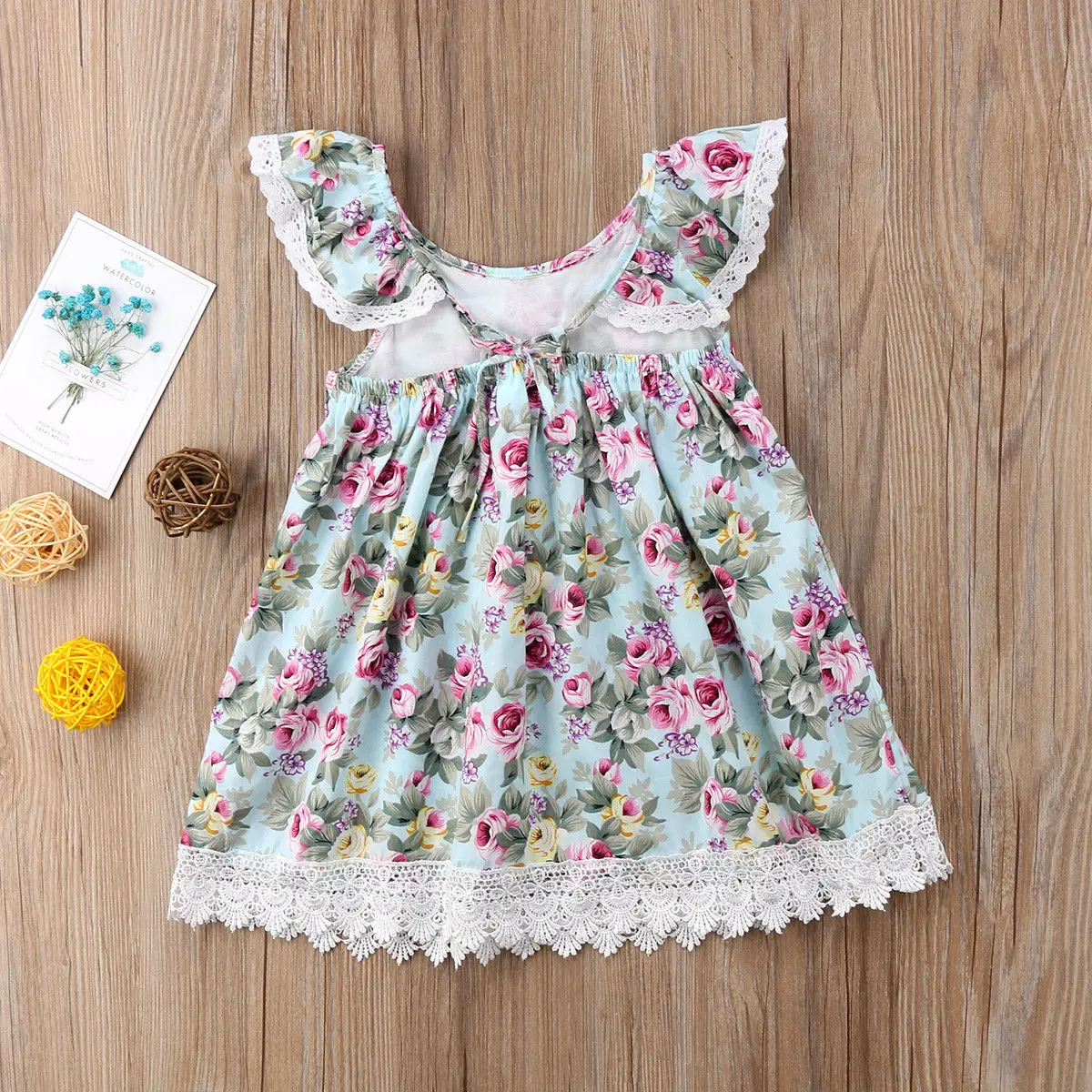 2-7T Baby Girl Summer Sweet Floral Dress Ruffled Sleeves Open Back Lace Stitching Sundress Kids High Waist Princess Dress