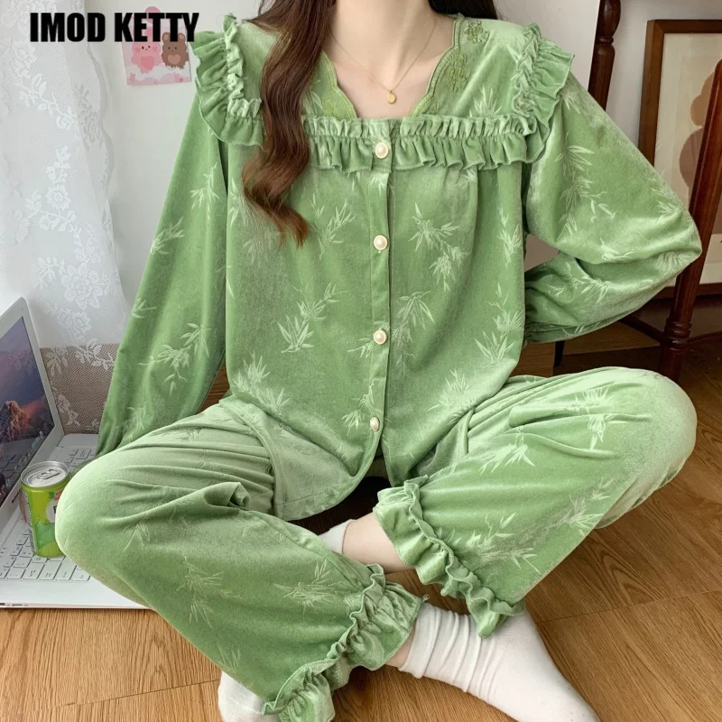 

Warm Solid Lovely Patchwork Long Sleeve Popular Elegant Sleepwear Autumn Pajama Sets Women Korean Loose Sweet Thick Versatile