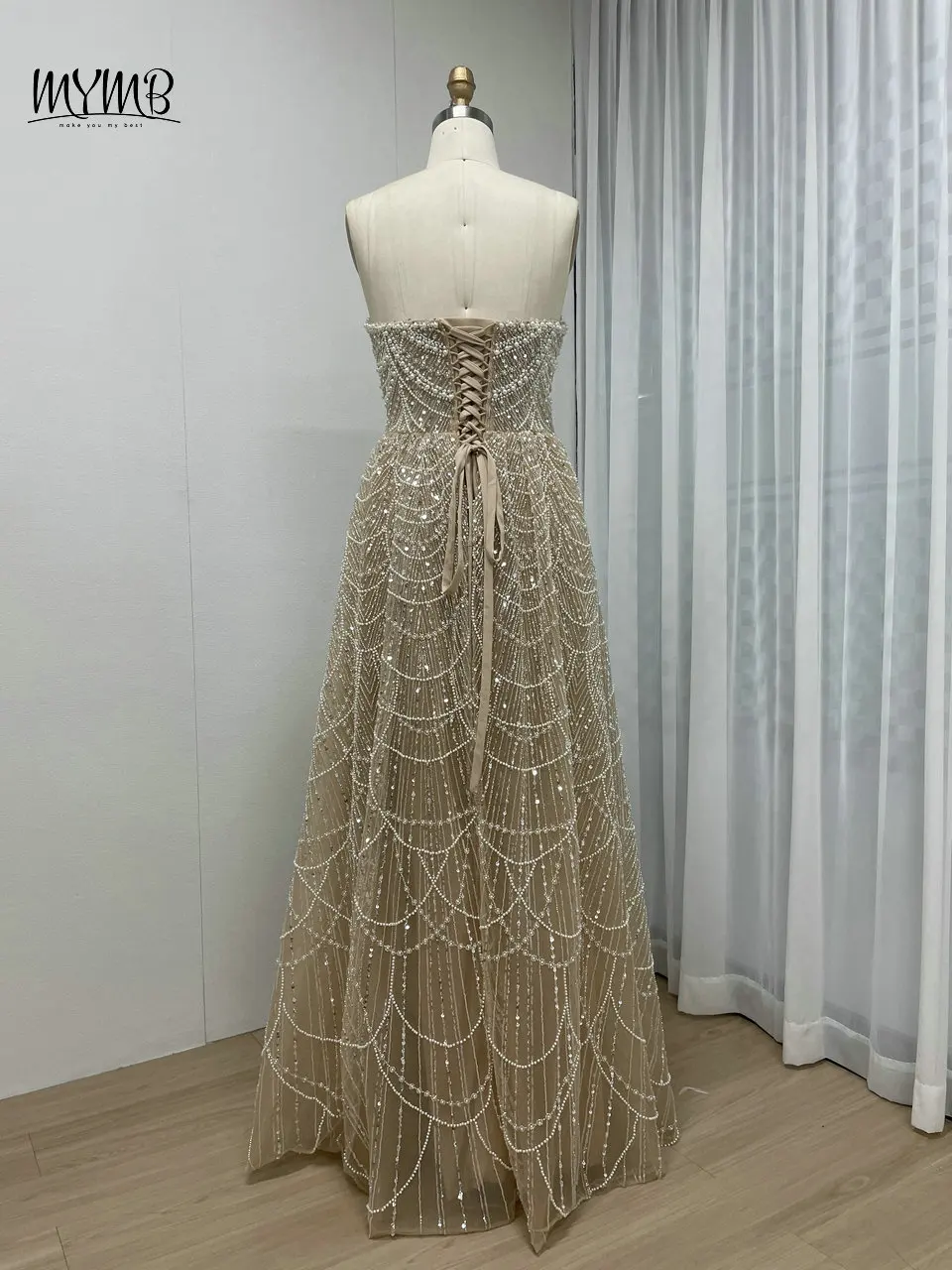 MYMB Champagner Atemberaubende Perlen A-Linie Mädchen Prinzessin Abschlussball Party Kleider Arabische trägerlose Abendkleider mit Schnürung am Rücken und Handschuhen – Detail 9