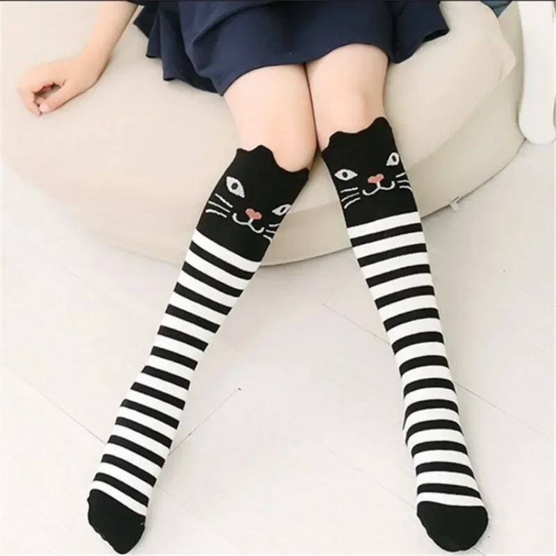 여아용 무릎 높이 양말, 귀여운 고양이 양말, 용 코튼 양말, 긴 튜브, 3-12 세