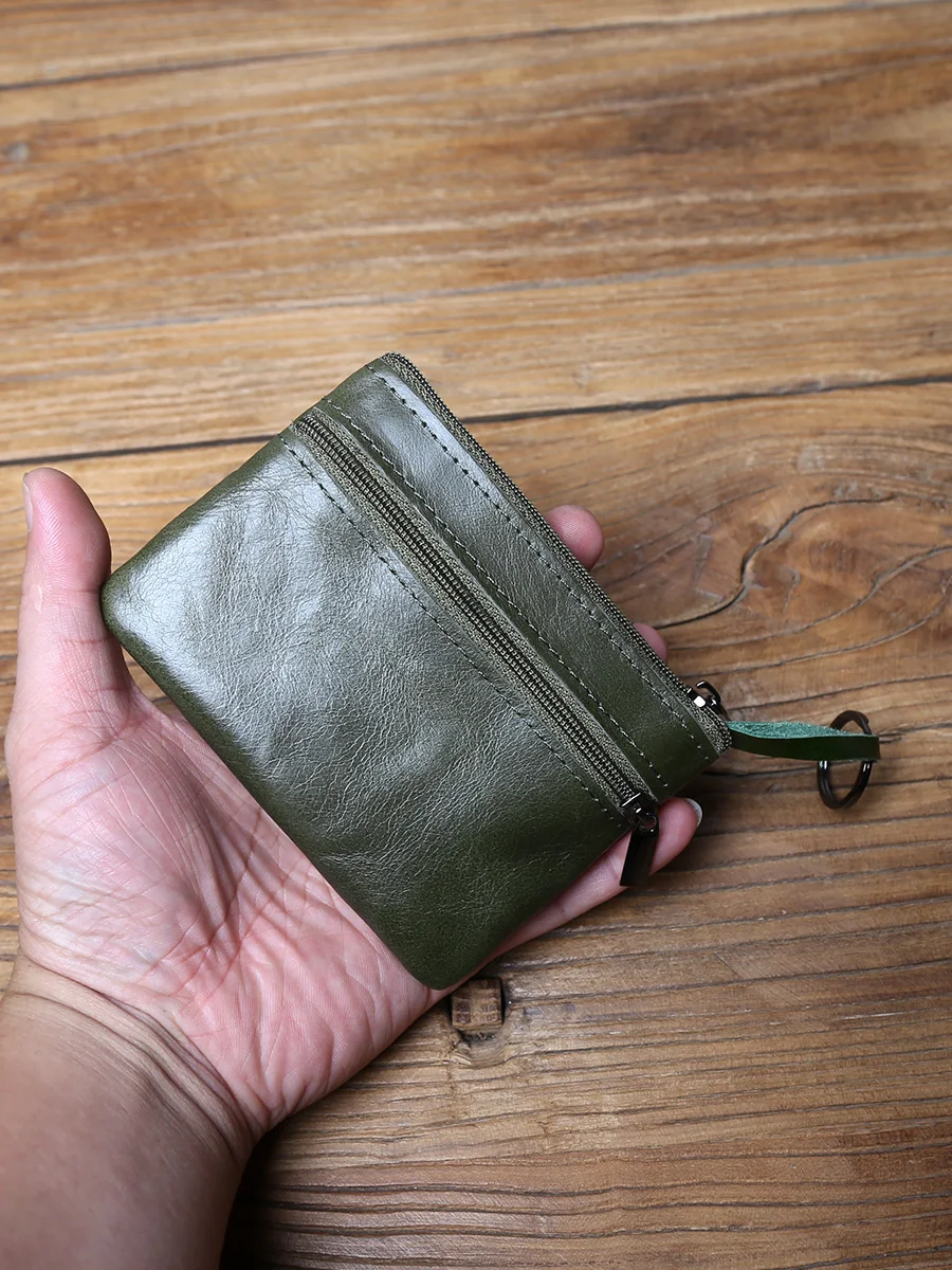 NZPJ Vintage Genuine Leather Men's Zero Wallet Natural Cowhide Zipper Key Bag Women's Bank Card Bag Mini Coin Bag  Card Holder