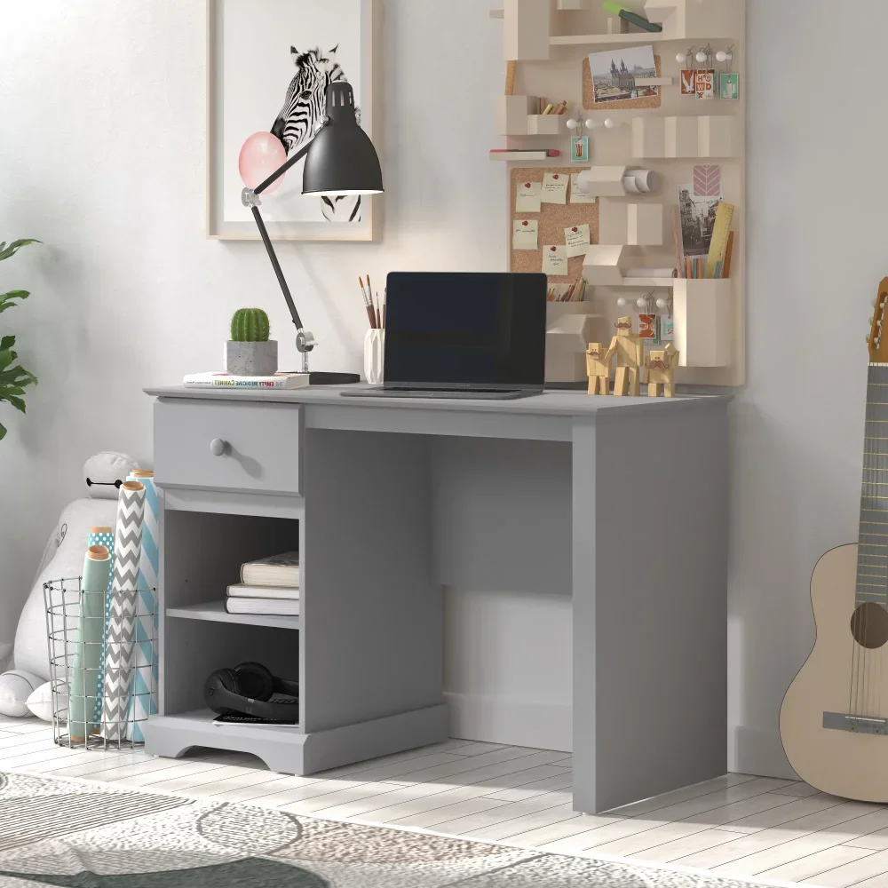 Campbell Wood Kids Desk with 1 Drawer and 2 Shelf Storage, Gray,Wood, Metal,For Bedroom, Office, Study