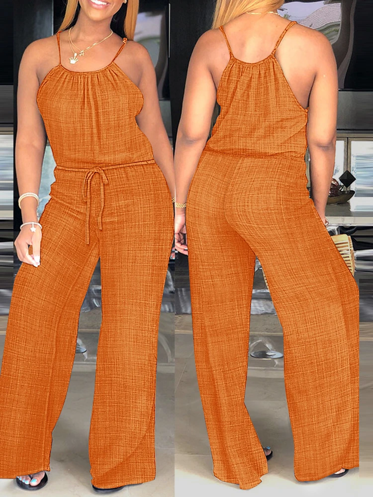 Drawstring Jumpsuit Rompers Women Summer Spaghetti Strap Casual One Piece Wide Leg Pants Jumpsuit Beach Overalls 2023 Bodysuit