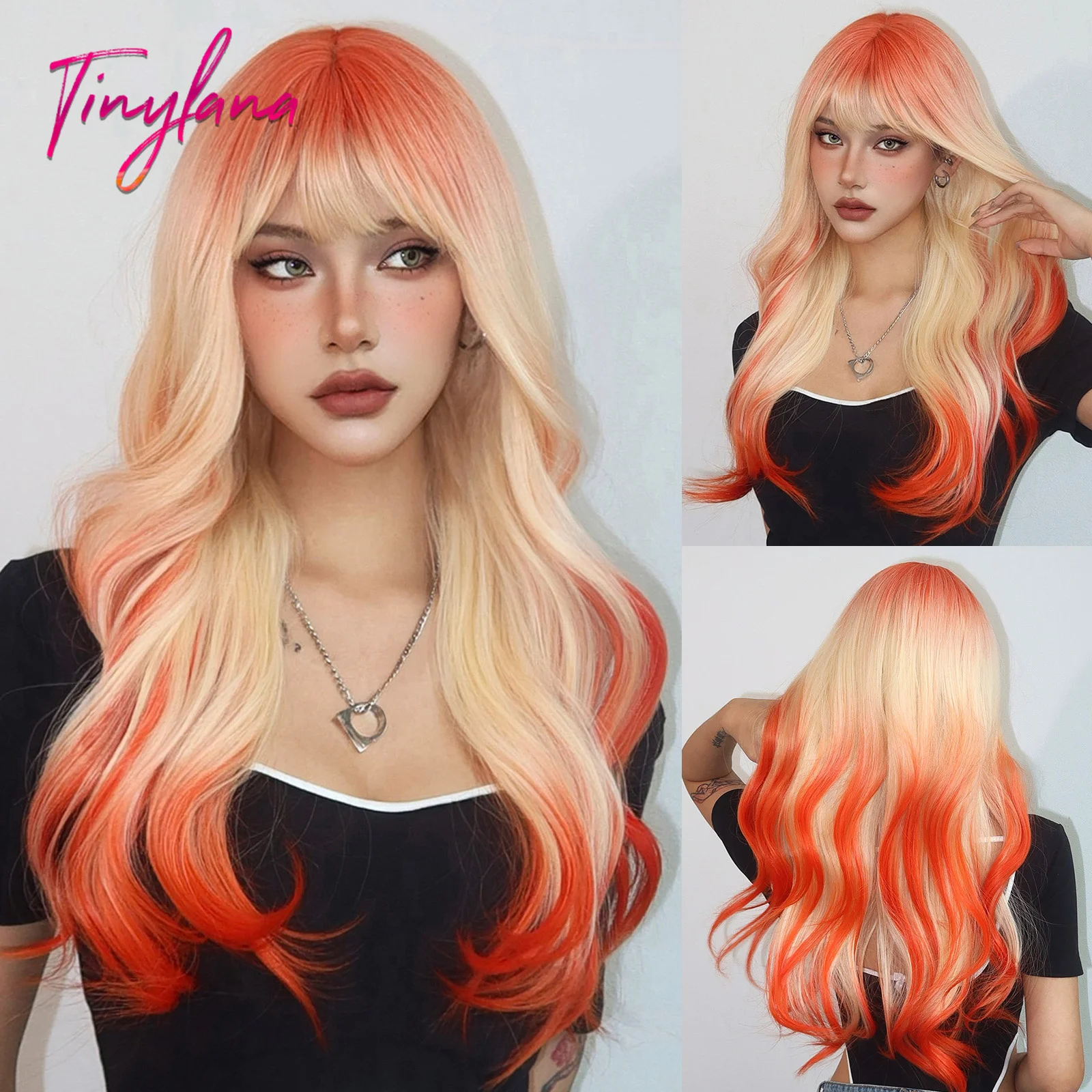 Orange Blonde Ombre Synthetic Wigs Long Wavy Colorful Wigs with Bangs for Women Body Wave Cosplay Wigs Halloween Heat Resistant