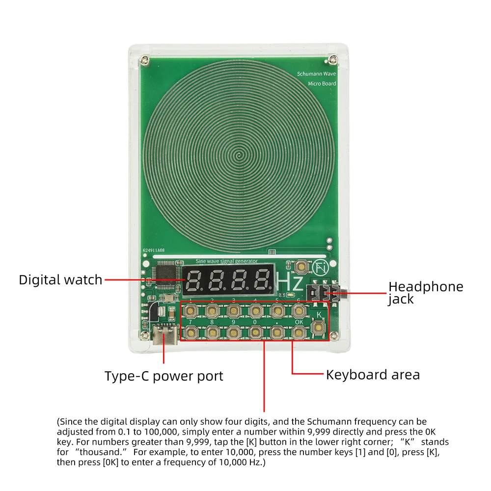 Generatore di Onde Schumann DC 5V 0.01Hz~100000Hz a Frequenza Regolabile 7.83HZ, Generatore di Segnale a Onda Sinusoidale con Operazione a Pulsante e Connessione Type-C