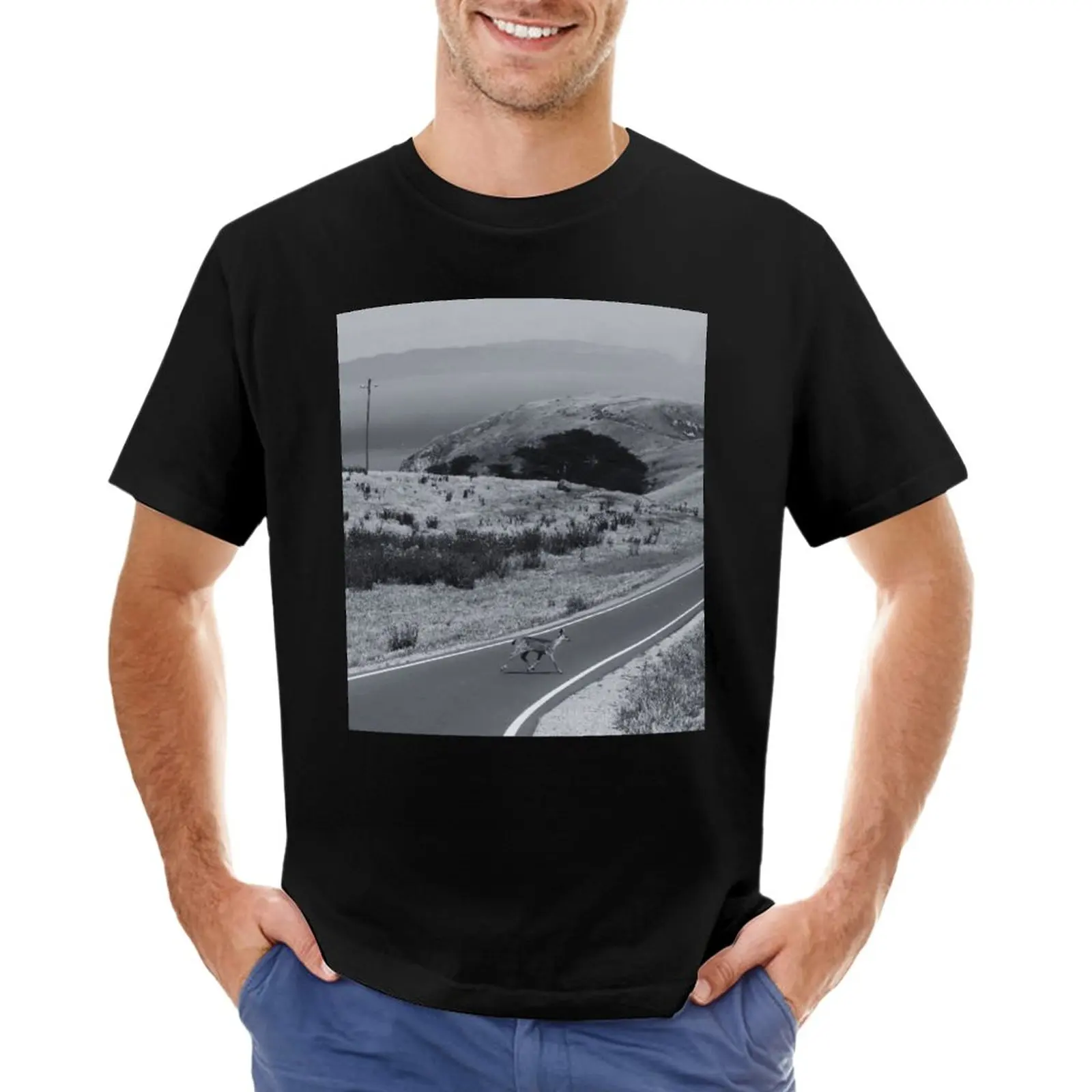 

Deer Crossing the Road T-Shirt quick-drying t-shirt mens workout shirts