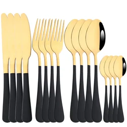 16pcs Black Gold Dinnerware Set Stainless Steel Tableware Set Knife Fork Spoon Teaspoon Flatware Set Mirror Home Cutlery Set