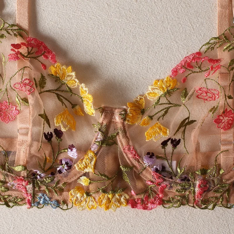 Women lingerie set Floral Embroidery Sheer 2-Piece Boho Bra + Panty Underwear Set Intimates