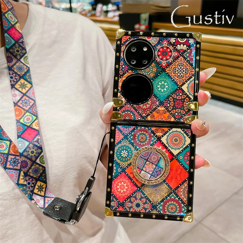 

Luxury Glitter Retro Flower Lanyard Cover P50 Pocket P60 P40 P30 P20 Lite Pro Fashion bracket Square Case For Huawei P60 Pro