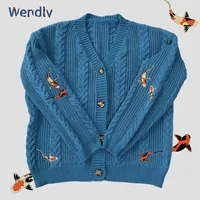 Koi Fish Cardigan Women Vintage Style Koi Carp Embroidery Sweater Female Autumn Winter Turquoise Knitted Cardigans Tops Y2k Girl 1