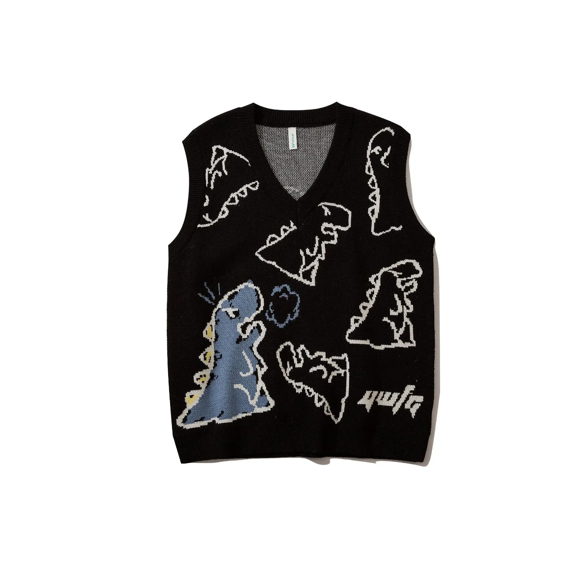 2022 New V Collar Vest Dinosaur Sweater Men's Spring Autumn Cartoon Couple Sweater Vest Sleeveless Sweater Fashion Black Vest 2022 new v collar vest dinosaur sweater men s spring autumn cartoon couple sweater vest sleeveless sweater fashion