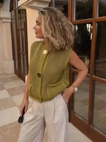 Women Fashion Sleeveless Coarse Needle Knitting Vest Sweater Female Chic Big Pockets Patch Buttons Cardigan Waistcoat Tops - Image 3