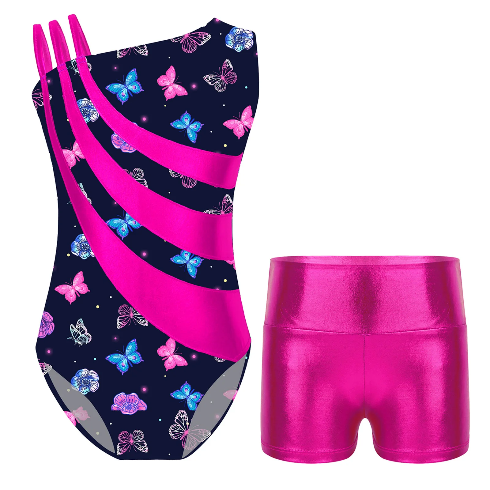 

Girls Gymnatics Ballet Dance Leotard Costume Printed Leotard with Metallic High Waist Shorts Kids Dancewear Ballet Dance Tights