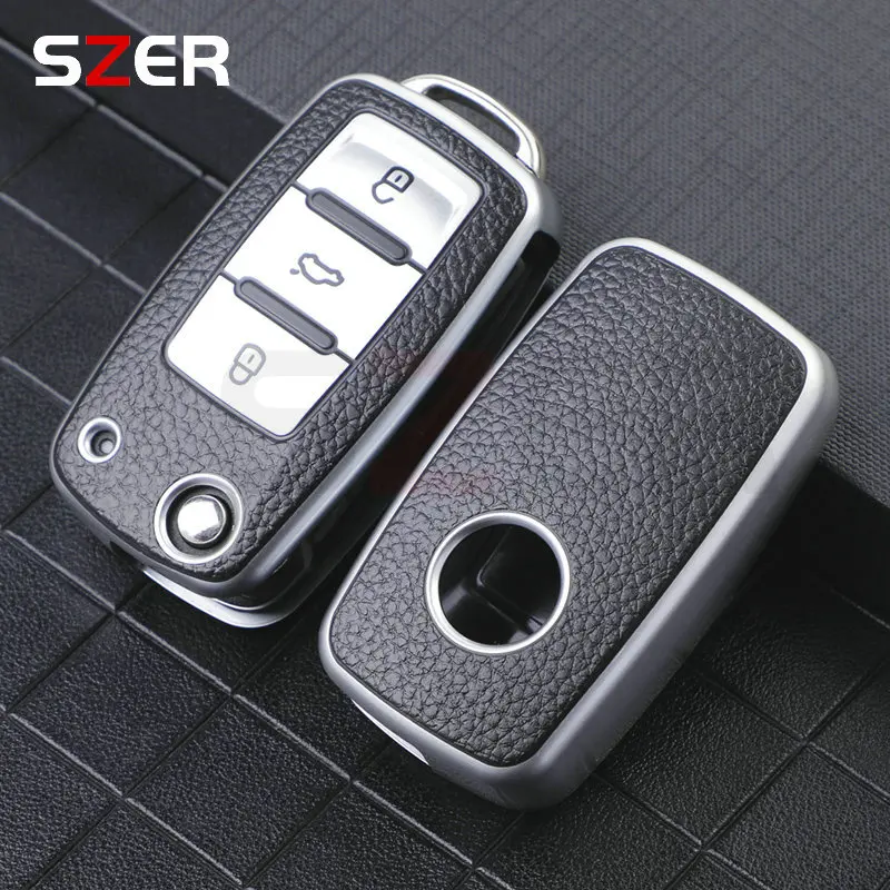 Leather Car Key Case Car Key Full Cover Protection Bag For VW Volkswagen Polo Tiguan Passat Golf Jetta Lavida Skoda Octavia