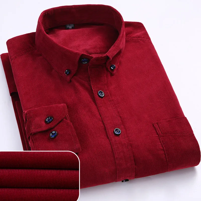 Plus Size 6XL Autumn/Winter Warm Quality Cotton Corduroy Long Sleeved Button Collar Casual Shirts For Men Comfortable