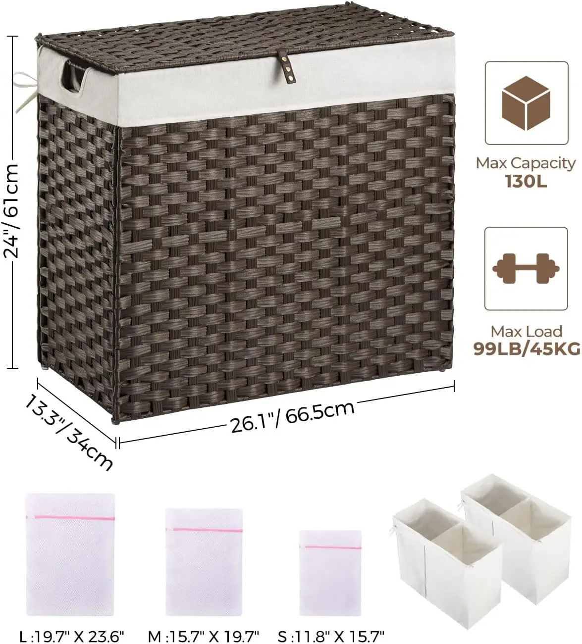 Laundry Hamper with lid 130L Wicker Laundry Baskets Foldable 2 Removable Liner Bags 2 Section Clothes Hamper No Install Needed