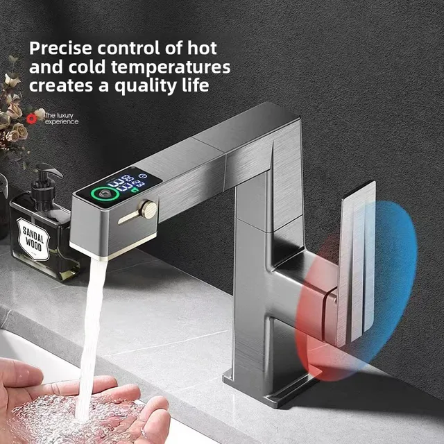 ก๊อกน้ำห้องน้ำดีไซน์หรูหราพร้อมหน้าจอดิจิตอล แสดงอุณหภูมิ น้ำร้อนน้ำเย็น แบบยกขึ้นได้ ดึงออกได้ ใช้ในครัวเรือน รุ่น G3/8G1/2 1