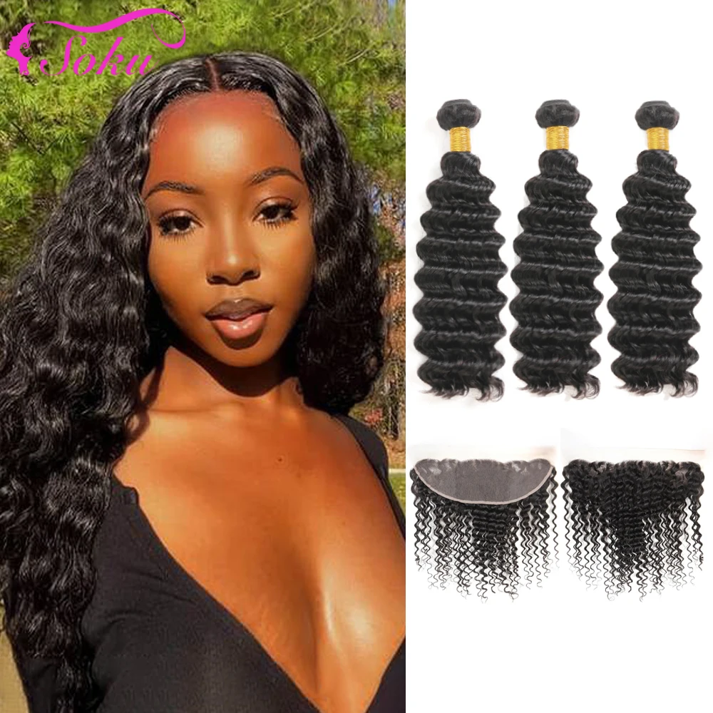 Deep Wave Hair Bundles With Frontal SOKU Brazilian Loose Ear To Lace 3/4 Closure Remy Human |