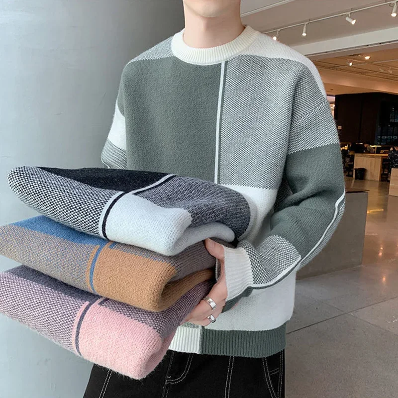 Autumn Winter Round Neck Patchwork Loose Casual Jumpers Men Knitting Pullovers Homme All-match Fashion Bottoming Sweater Top