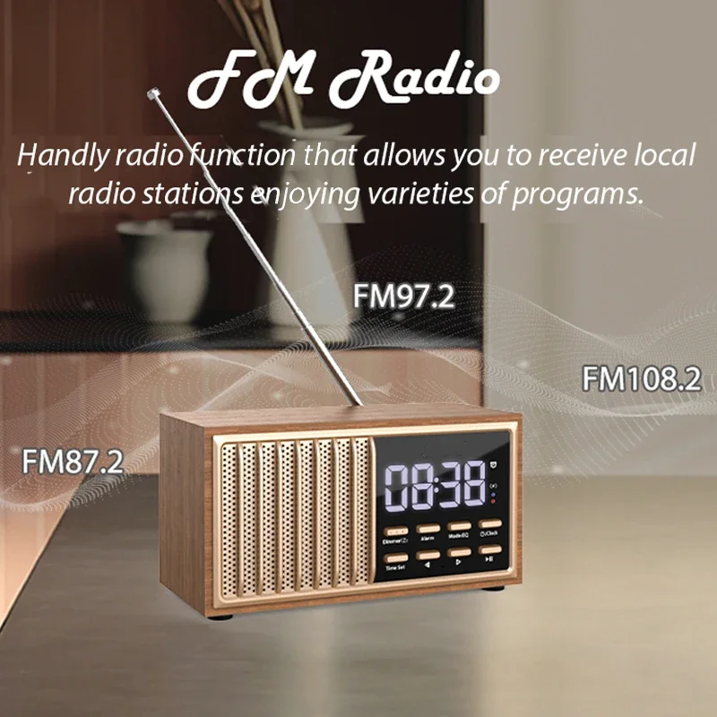 Mini Portable Woode Retro FM Radio Wireless Charger Bluetooth Speaker Handsfree Call Music Player Support Alarm Clock TF USB AUX