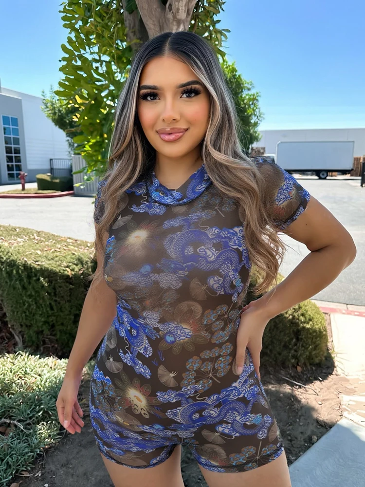 Nibber Summer Trend Playsuit Women Mesh See Through Peach Buttocks Shorts Sleeve Backless Aesthetic Print Midnight Club Romper