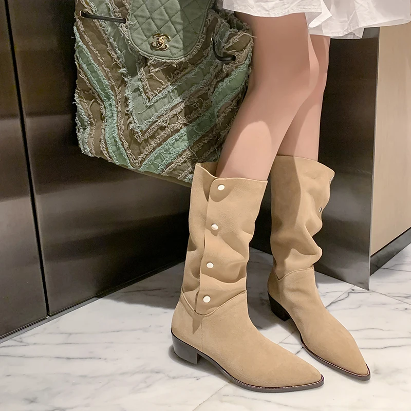 

2023 Autumn and winter Women mid-calf boots natural leather 22-25cm cow suede+pigskin modern boots pointed toe western Boots