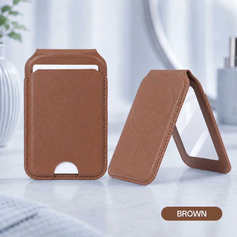 Sleek Leather Magnetic Phone Wallet with Mirror and Foldable Stand - Slim Card Holder