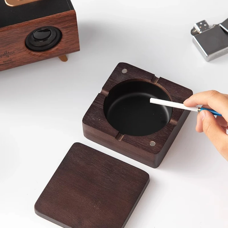 Solid Wood+Stainless Steel Ashtray with Magnetic Attraction Square Lid Anti Fly Ash Home Antique Living Room  Table Decoration