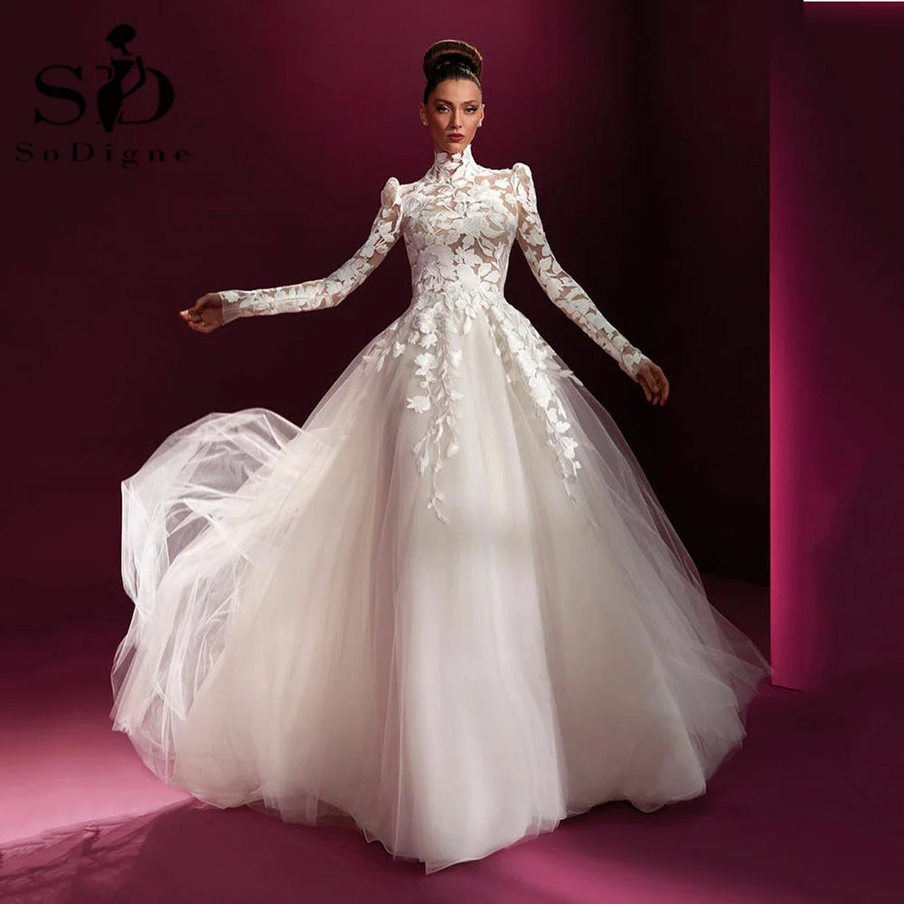 

SoDigne Muslim Wedding Dress A Line High Neck Long Sleeves Modest Bride Dresses Robe De Mariee Conservative Wedding Gowns