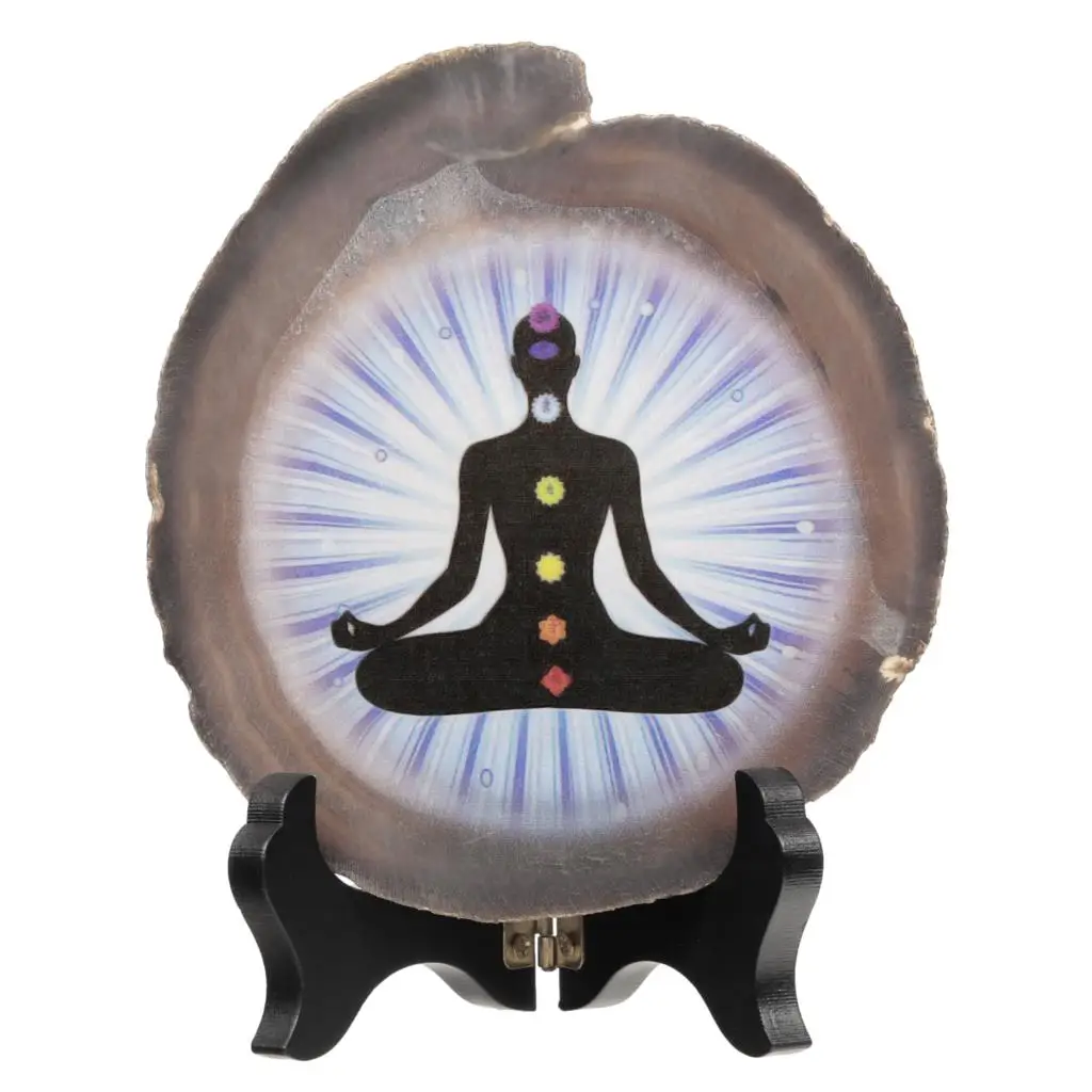 Natural Agate Slice Art Print Chakra Table Display with Wooden Stand, Irregular Agate Geode Stone Figurine for Office Home Decor