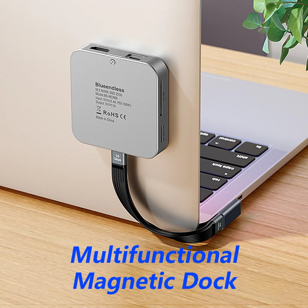 10Gbps M.2 마그네틱 SSD 인클로저 도킹 스테이션 타입-C USB3.2 스플리터 8in1 NVME 카드 리더 4K HDMI 아이폰 17/16/15 Pro용