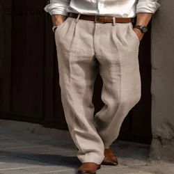 Samlona 2024 Men Casual Straight Linen Pants Solid Khaki White Stand Pocket Trousers Plus Size Mens Elegant Fashion Sweatpants