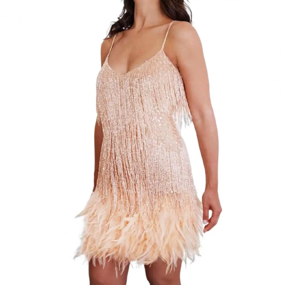 

Women Dress Tassel Sequin V Neck Sleeveless Backless Feather Decor Loose Rumba Cha-cha Dance Costume Mini Club Party