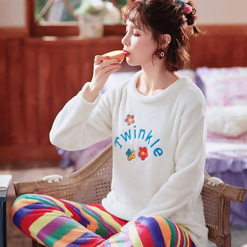 Coral Fleece Sleepwear Women Winter Warm Pajamas Sets Kawaii Clothes Long Sleeve Pullover Pant Loungewear Loose Nightwear Korean