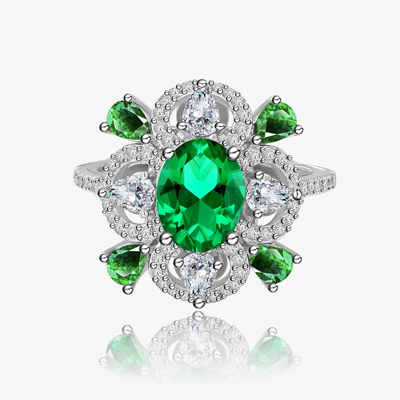 

Original Sterling 925 Silver High Carbon Imitate Diamond Women's Ring with Emerald and Zircon,Cool Posh Style for Dancing Party