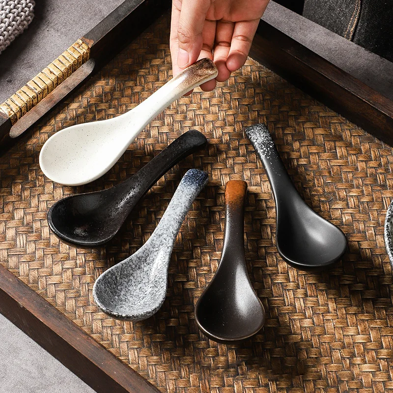 13cm Japanese Retro Ceramic Soup Spoon Eating Spoon Kitchen Utensils Teaspoon Tableware Kitchen Cooking Utensils Tools