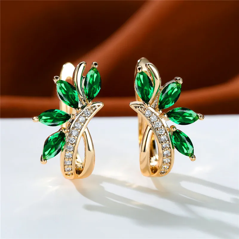 Luxury Female Purple Green Blue Leaf Flower Clip Earrings Vintage Gold Color Wedding Jewelry For Women