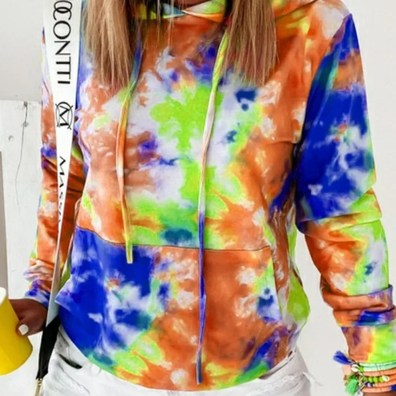 Women Autumn Casual Tie Dye Hoodies Vintage Sweatshirt 2021 Hooded Tops New Pullovers Female Streetwear Casual Clothing Harajuku