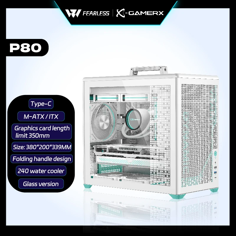 파워 트레인 X-GAMERX P80 사이드 글래스 M-ATX PC 케이스 타입-C 게이밍 케이스 240 수냉 데스크탑 휴대용 컴퓨터 케이스
