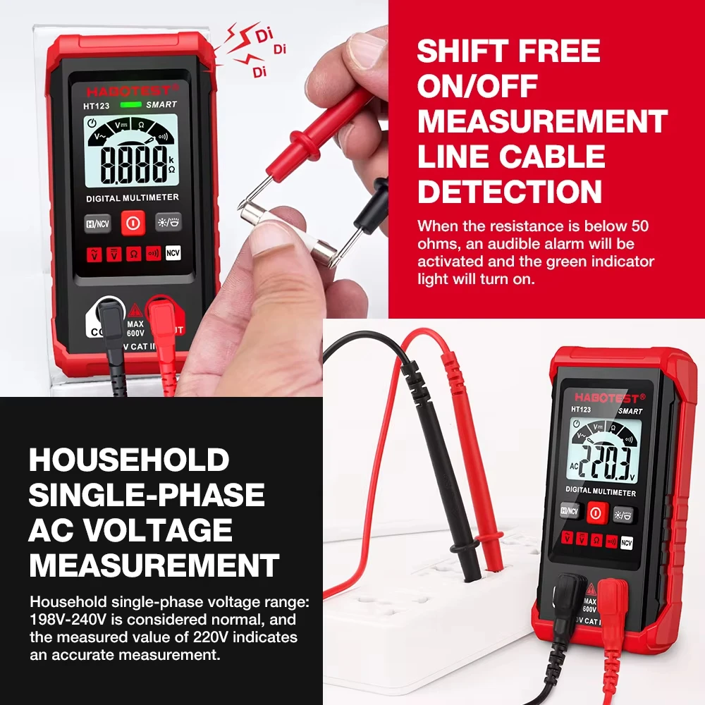 HABOTEST HT123 Digital AC/DC Voltage Resistance Continuity Measurement Tester NCV Voltmeter
