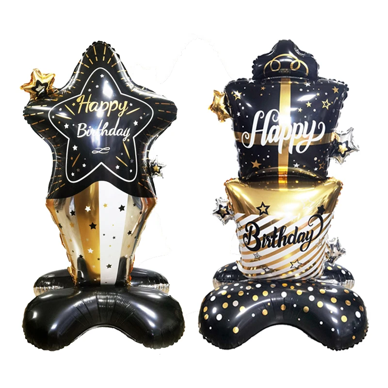 생일 축하 호일 풍선, 골드 블랙 스탠딩 풍선 선물 상자 모양 풍선, 생일 파티 장식 용품, 1 개