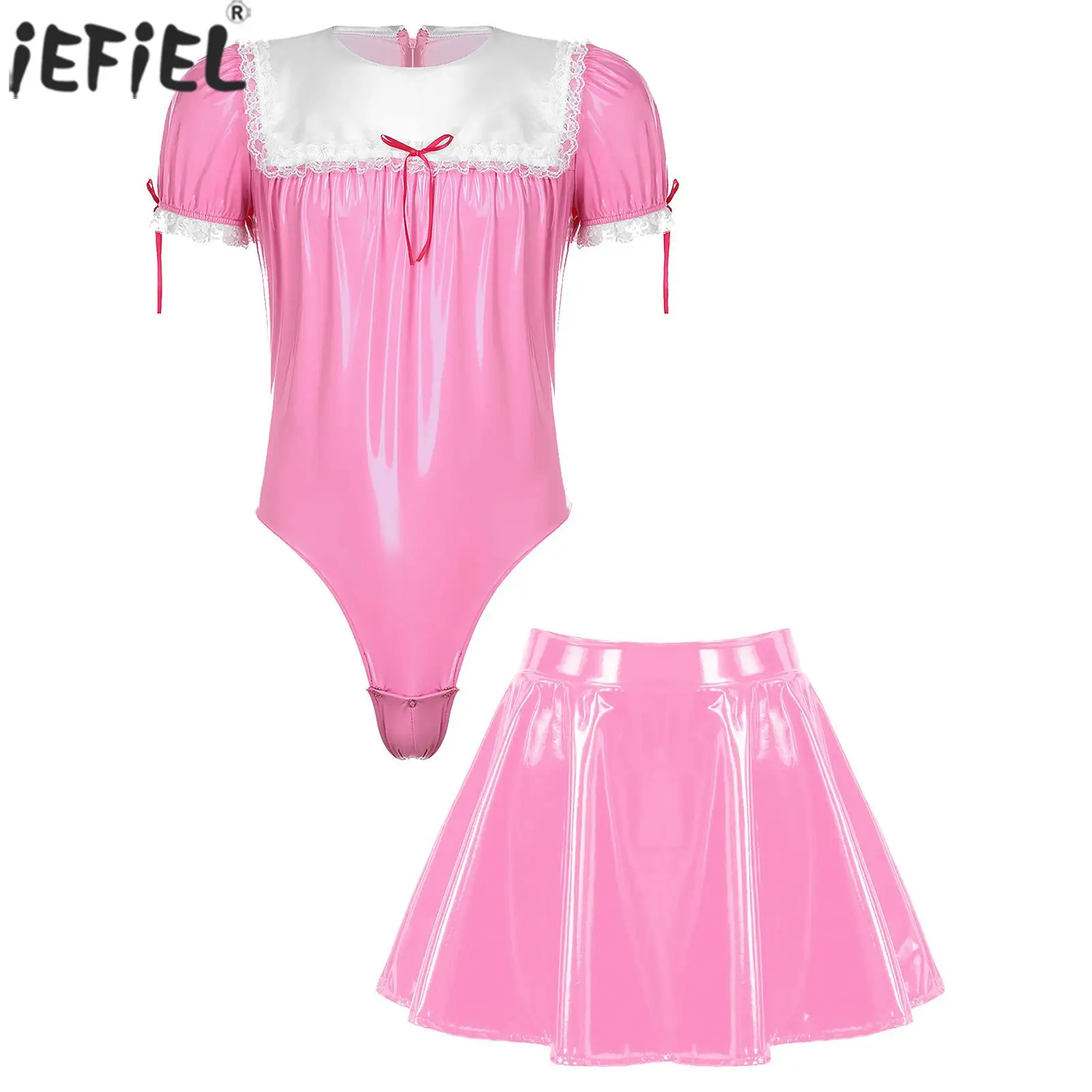 

Men's Maid Cosplay Costume Shiny Patent Leather Puff Sleeve Sexy Bodysuit with A-Line Flared Mini Skirts Crossdresser Outfit