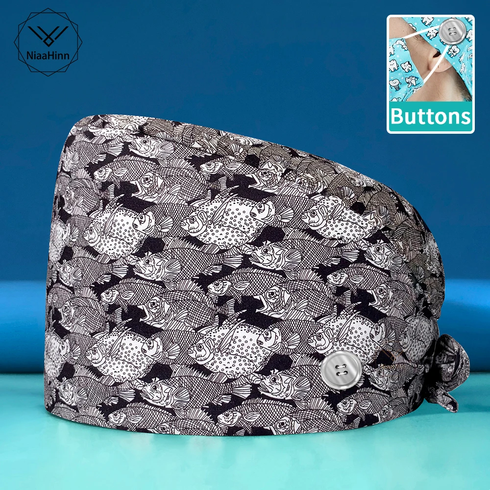 

Men Nurse Cap Women Chemotherapy Oral Dentistry Printed 100% Cotton Doctor Surgical Caps Operating Room Hat Dustproof Work Hats