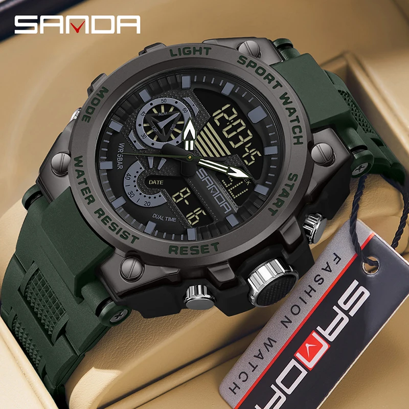 SANDA 3302 Luxury Shockproof Waterproof Sports Mens Wristwatches LED Dual Display Digital Quartz Watch for Men Reloj De Hombre