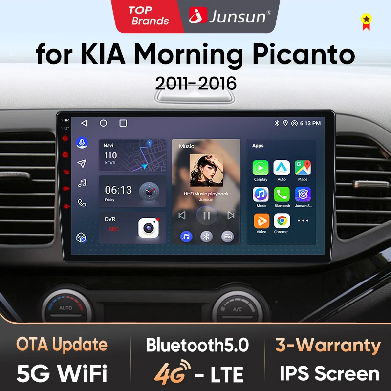 Junsun AI 4G LTE Kabelloses CarPlay Android Auto Autoradio für KIA Morning Picanto 2011 2012 2013 2014-2016 GPS Navi BT DSP RDS FM