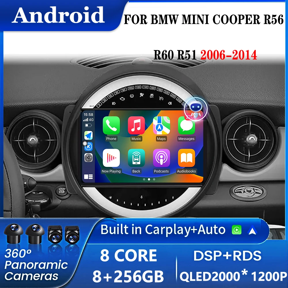 Radio Reproductor de Coche Android 16 para BMW Mini Cooper R56 R60 R51 2006-2014, Carplay Multimedia, Navegación Inalámbrica, Sistema Inteligente 1